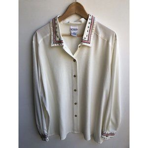 Koret Ivory Embroidered Collar Button-Up Long Sleeve Blouse Top Vintage Size 22w